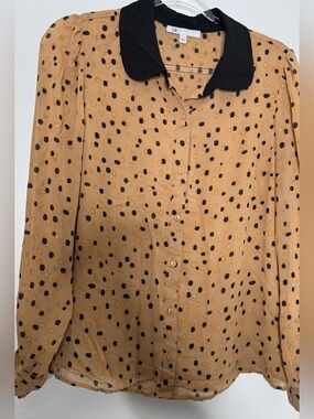 DR2 Polka Dot Button-Up Shirt - Tan with Black Collar sheer size large